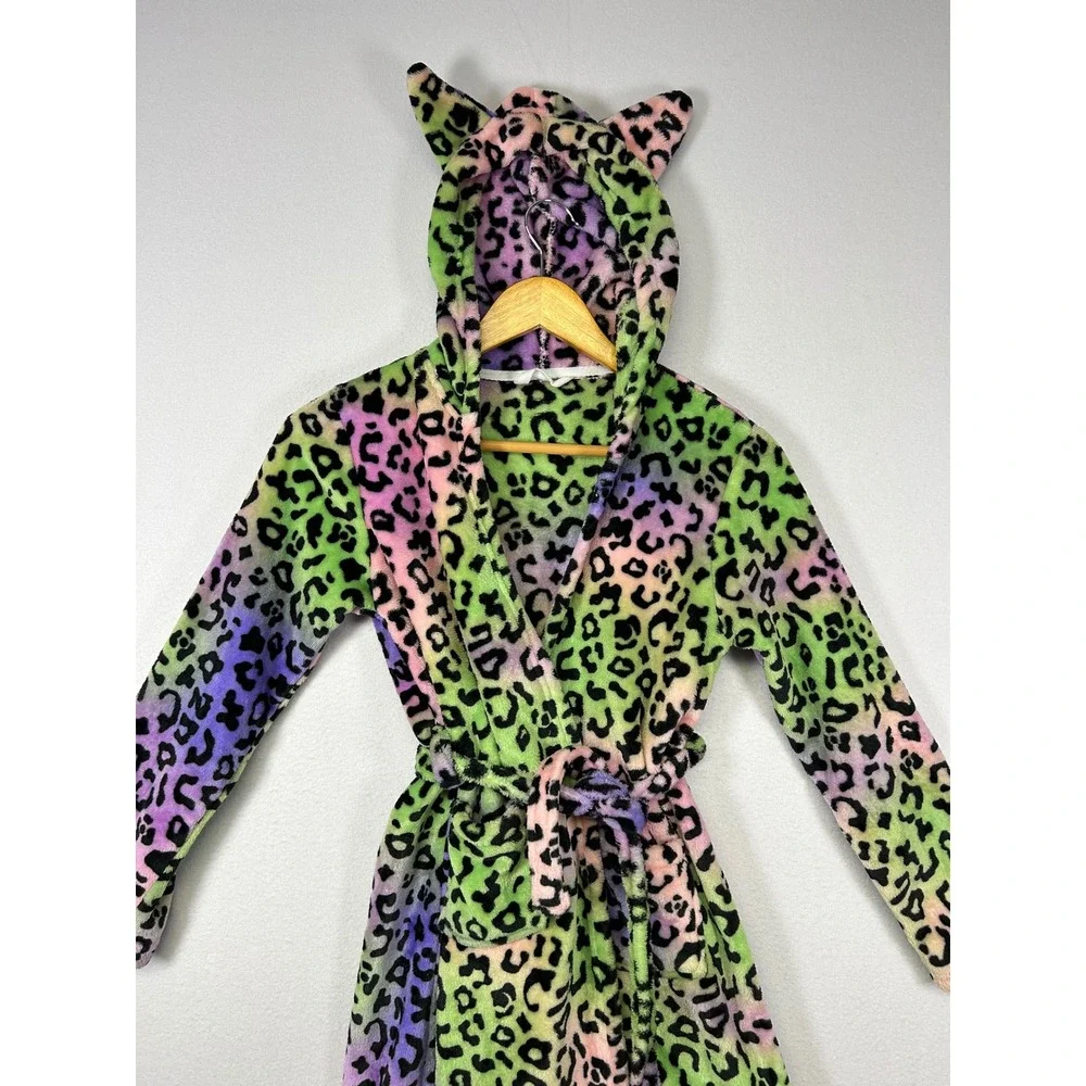 Y2K Neon Topgirl Girls Size 12 Multicolor‎ Leopard Print Hooded Robe Cat Ears